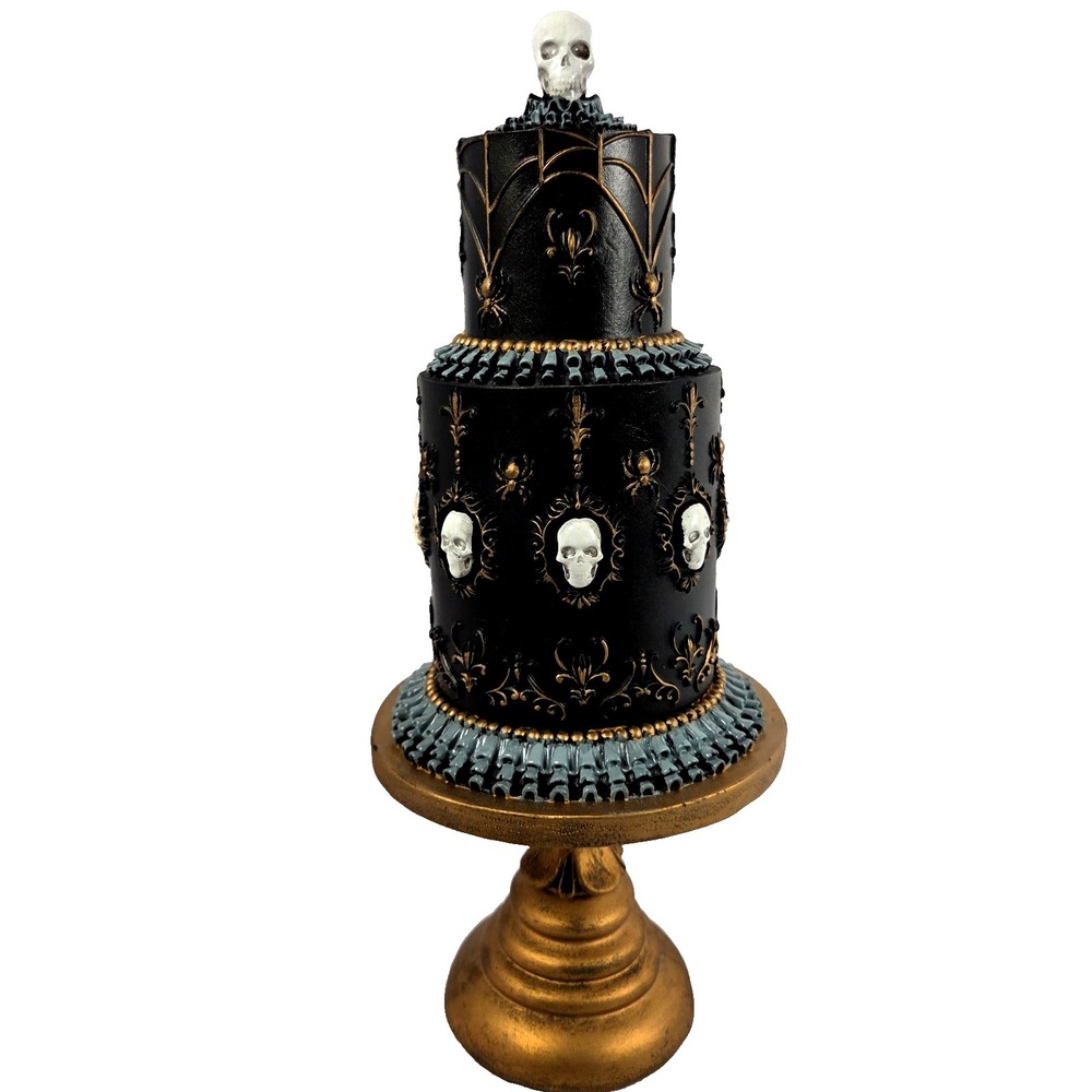Christian Siriano Skull Cake Figurine 12 Inch Black Gold Gothic Halloween New